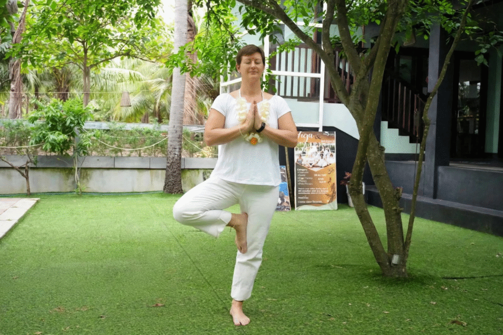 Yoga teacher training Sri Lanka November 2026 – students practising at Green Serene Villa, Galle