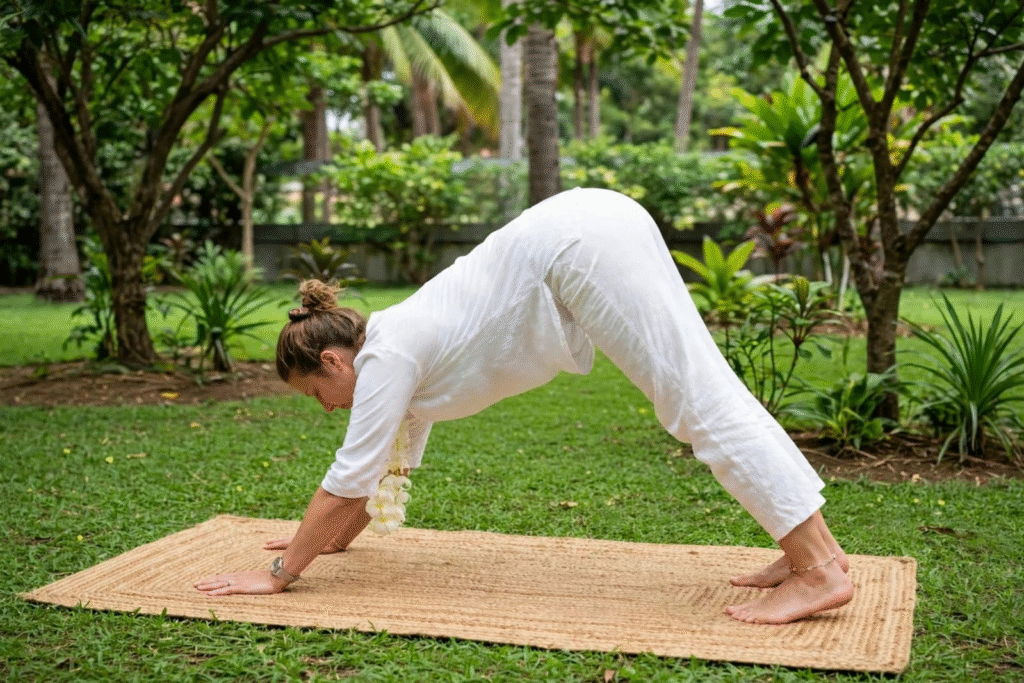 Yoga teacher training Sri Lanka December 2026 – morning asana class in the yoga shala, Galle