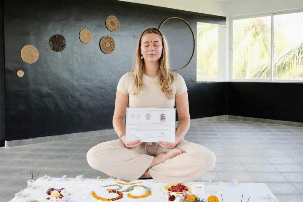 Diksha Yoga School graduates with certificates after yoga teacher training in Galle, Sri Lanka