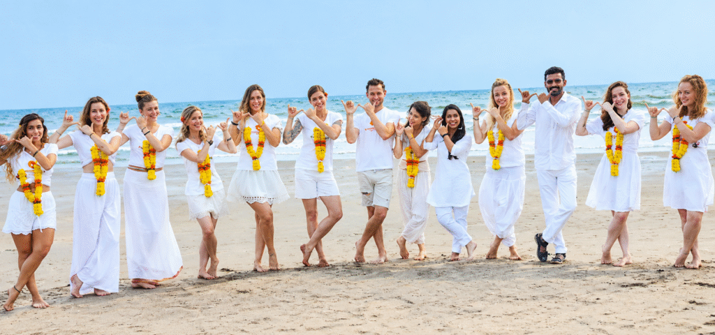 Beach yoga practice at Diksha Yoga School in Koh Samui, Thailand